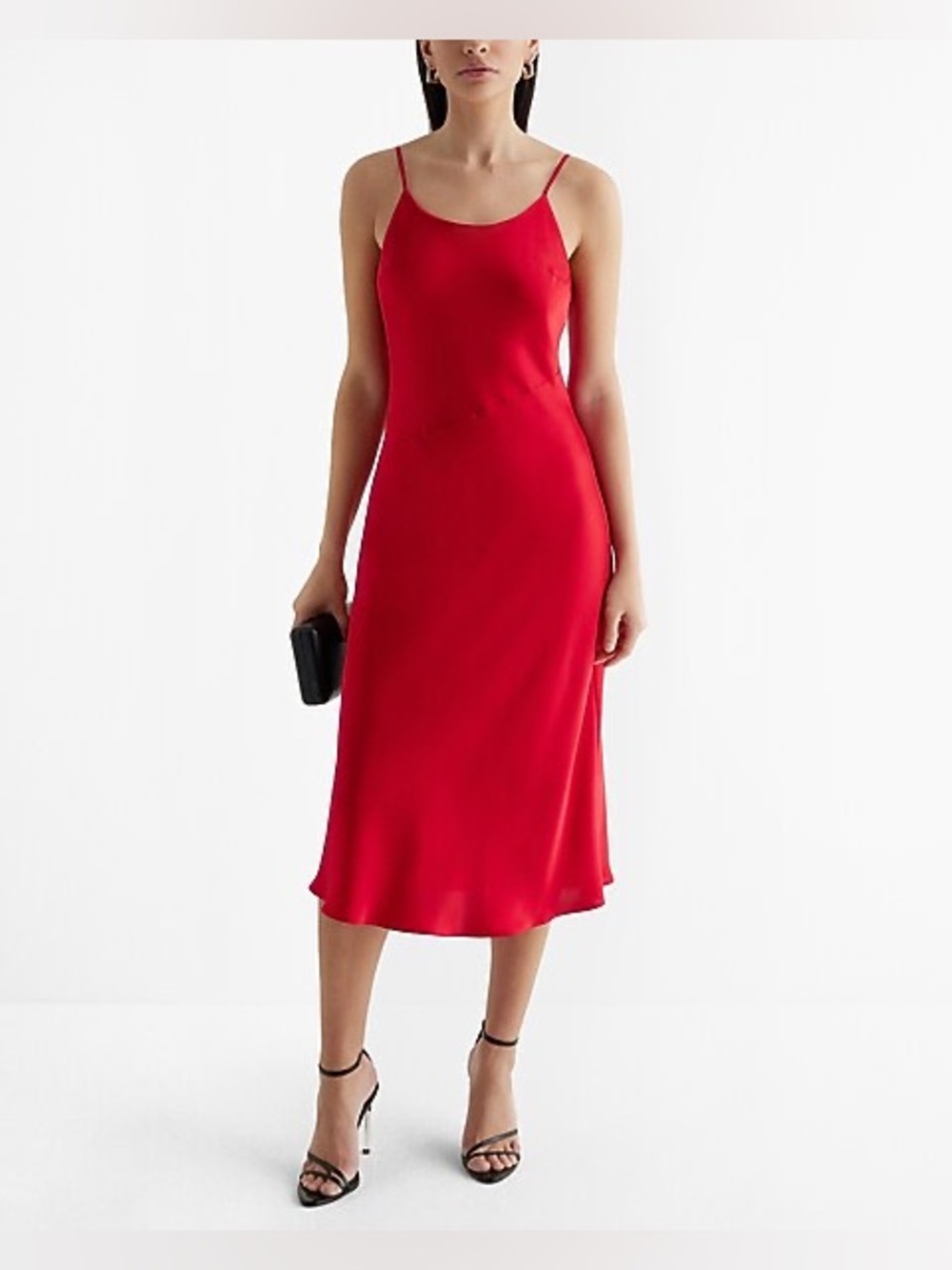 Express Satin Scoop Neck Midi Downtown Cami Slip Dress - Red